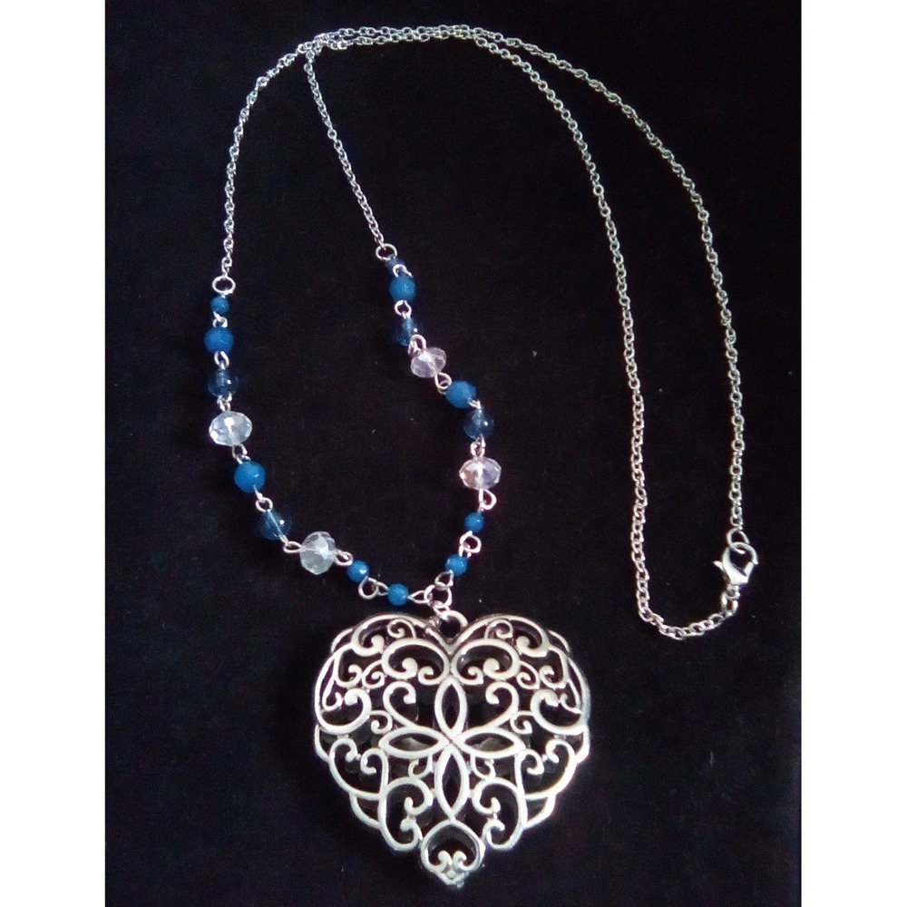 Silver Tone Filigree Heart Pendant Necklace with Blue and Clear Beads Boho 20in. - Picture 4 of 6
